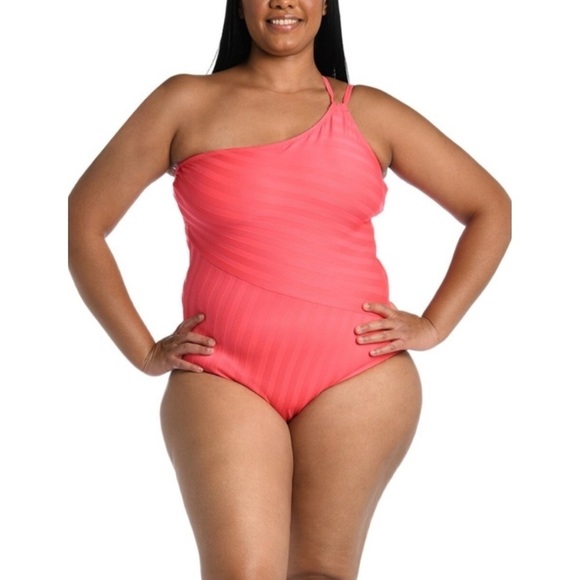 NWT La Blanca Linea Costa One Shoulder One-piece Swimsuit, Coral Sun - Size 16‎ - Picture 1 of 6